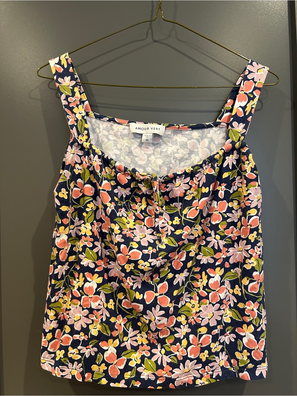 Amour Vert Navy Floral Scoop Neck Tank with Coral and Pink Blooms
